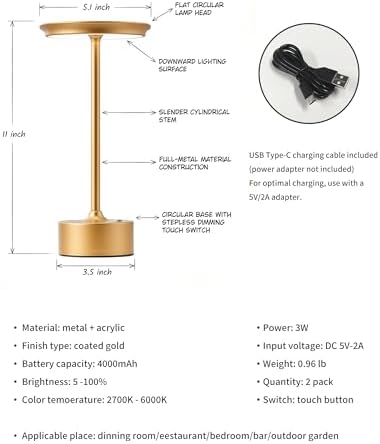 PUSU Rechargeable Table Lamps, Set of 2, Gold