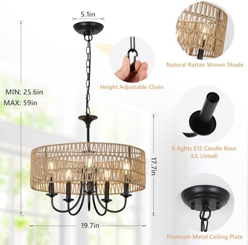 LAMSU 5-Light Black Rattan Farmhouse Chandelier