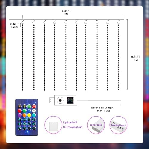 HXWEIYE 300LED Fairy Curtain Lights, 9.8x9.8Ft