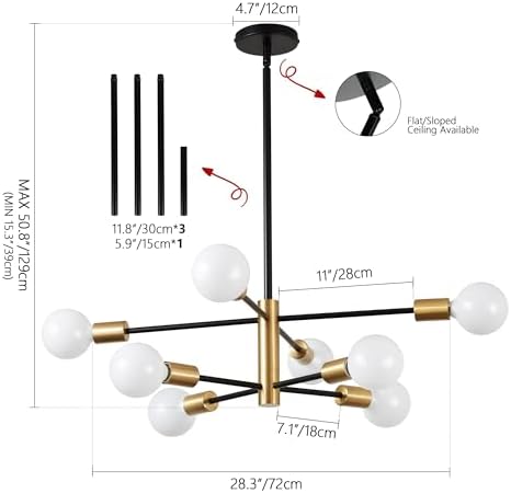 KAISITE 8-Light Black and Gold Sputnik Chandelier