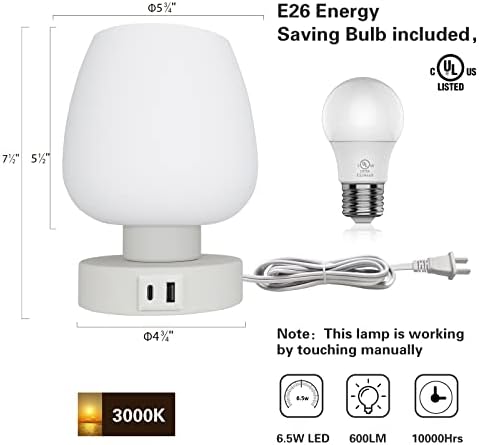 Touch Bedside Table Lamp, USB C+A Charging Ports, White Opal Glass