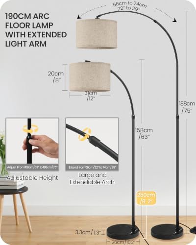 75" Dimmable Arc Floor Lamp with Marble Base, Beige