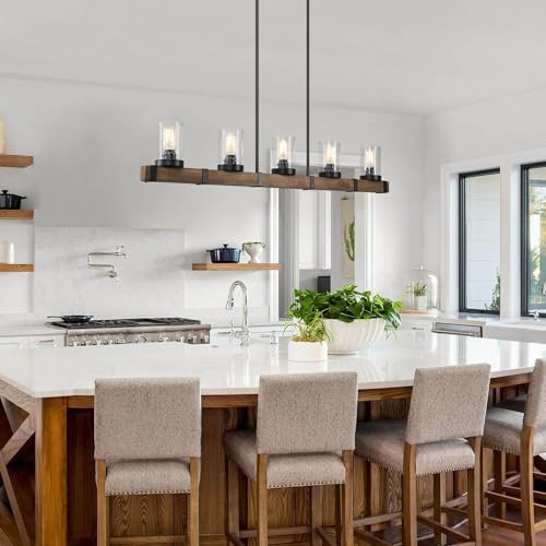LALUZ 5-Light Kitchen Island Lighting, Farmhouse Wood Linear Dining