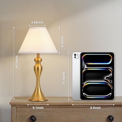 Cordless Rechargeable Table Lamp, Fabric Shade, Brass