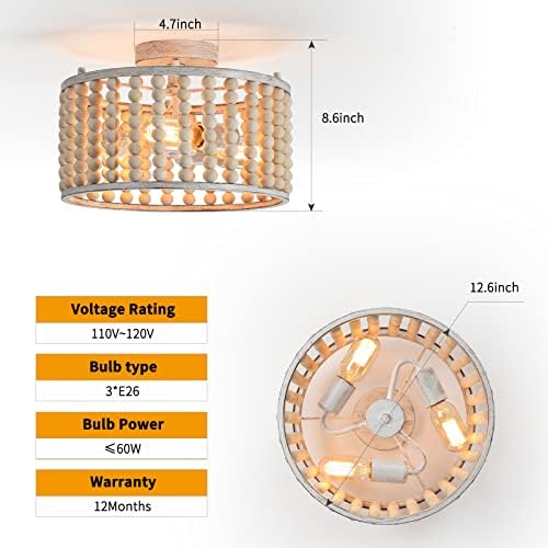 tewei Wood Beaded Boho Chandelier, Oak White