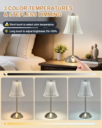 Satin Nickel Rechargeable Cordless Touch Table Lamp, 3 Colors