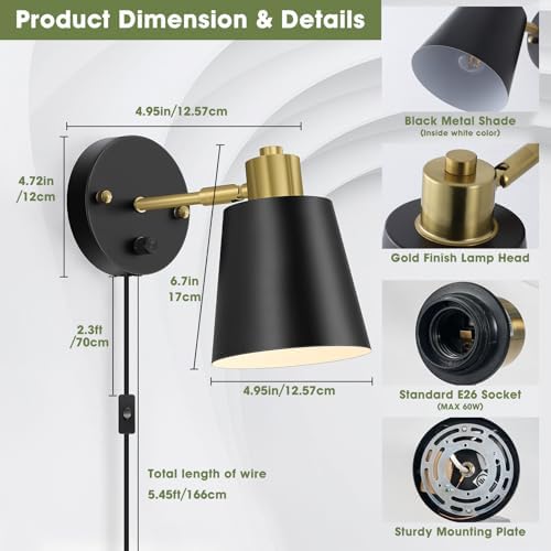 Lomoky Black Plug-in Wall Sconces, Set of 2