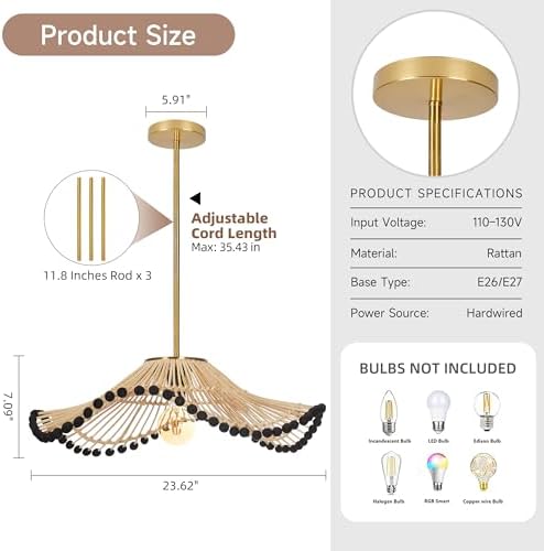 23.6" Boho Rattan Pendant Light