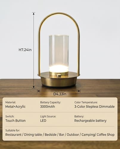 2 Pack Rechargeable Cordless Touch LED Table Lamps, Gold