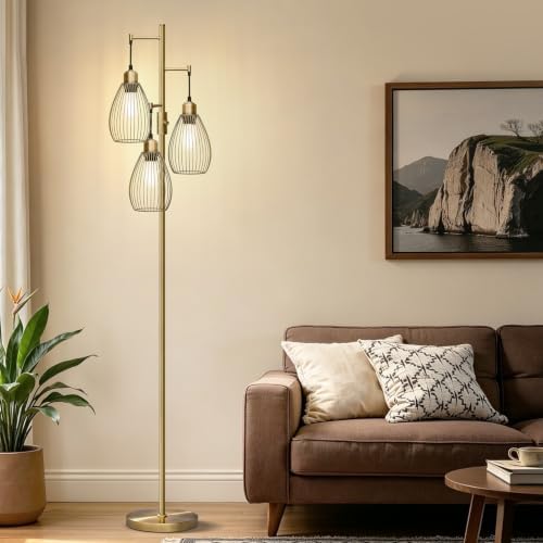 Dimmable Floor Lamp, 3 x 800LM LED Bulbs, Brass
