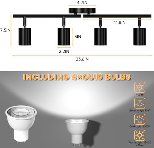 LED 4 Light Track Lighting Kit, Black Ceiling Spotlights, Modern Track