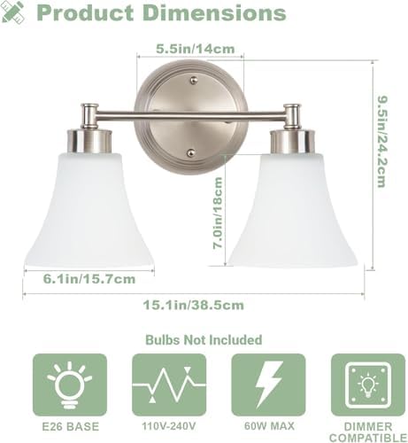 LOUSACE 2-Light Bathroom Vanity Light, Brushed Nickel
