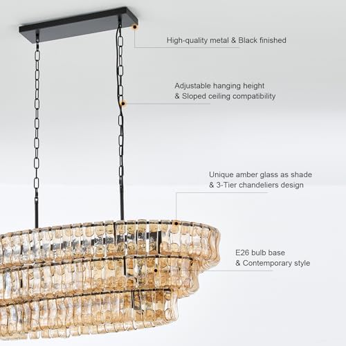 Large Modern Chandelier, Amber Glass Shade
