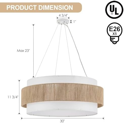 30” Fabric Rattan Chandelier, Off-White