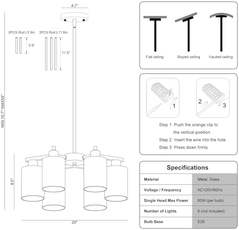 6-Light Black Farmhouse Chandelier, Clear Glass Shade