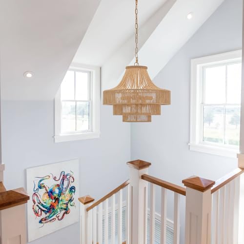 6-Light Wood Beaded Rattan Chandelier, 20-Inch