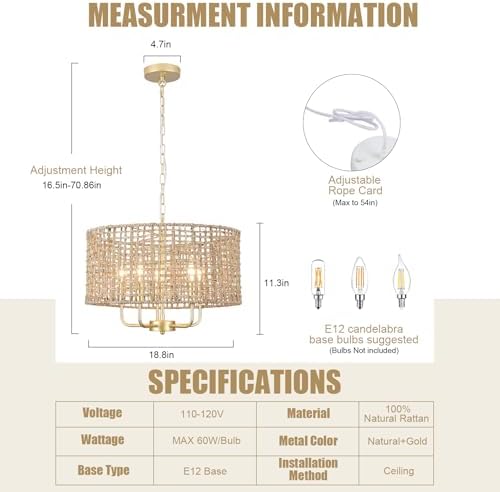 18.8'' 5-Light Farmhouse Rattan Chandelier