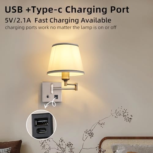 Dimmable Swing Arm Wall Sconce, Type-C & USB