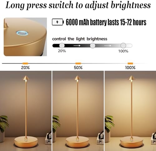 2 Pack Rechargeable Cordless Table Lamps, 6000mAh, Gold