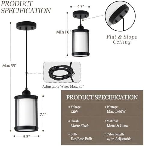Matte Black Pendant Light, Milk Glass, 1-Light