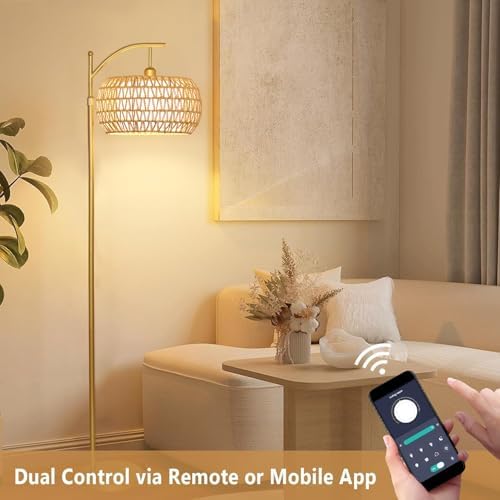 Gold Arc Floor Lamp, Rattan Shade, Remote Control