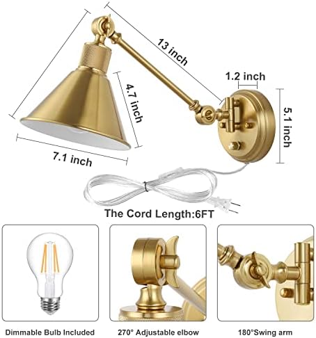 TRLIFE Dimmable Brushed Brass Swing Arm Wall Sconces, 2 Pack
