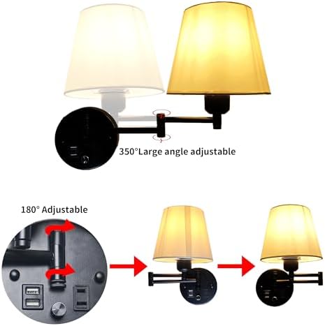 White Linen Swing Arm Wall Sconces with USB, Set of 2