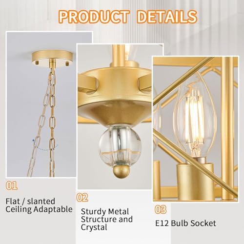 5-Light Gold Metal Pendant Chandelier, 15.2"