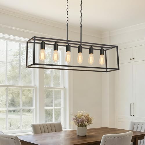 6-Light Black Linear Chandelier, Adjustable Height