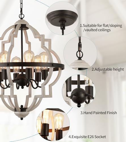 MEIXISUE 6-Light Farmhouse Rustic Chandelier, ORB+Oak Finish