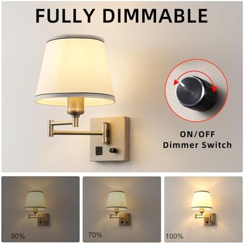 Dimmable Swing Arm Wall Sconce, Type-C & USB