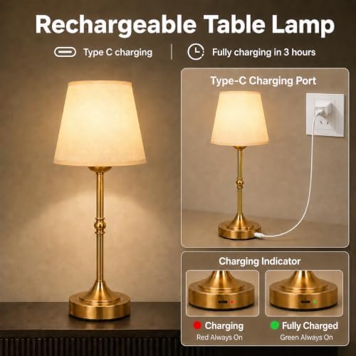 FLY2SKY Rechargeable Gold Cordless Table Lamp,3 Color Dimmable Bedside