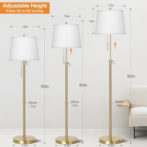 JUNNAI Gold Floor Lamp, 55-65" Adjustable, White Shade