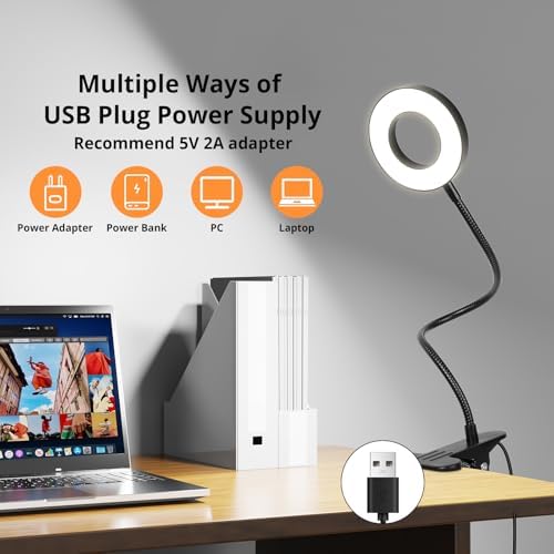 Woputne Clip-on Desk Lamp for Bed Reading, Black