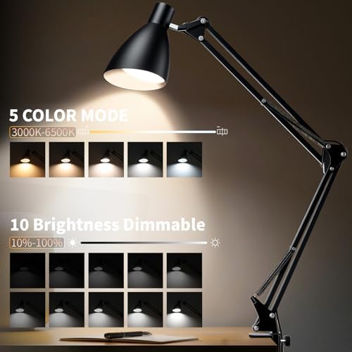 Swing Arm Desk Lamp with Clamp, 5 Color Modes, Black
