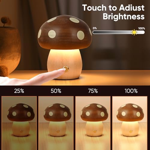 Wood Mushroom Lamp, Rechargeable Small Bedside Lamp