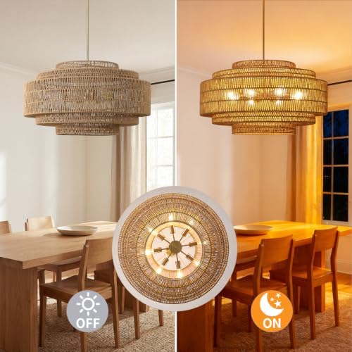 31.5" Large Rattan Chandelier, 8-Light Boho Drum Light