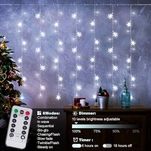Newhale Christmas Curtain String Lights with Snowflake and Star