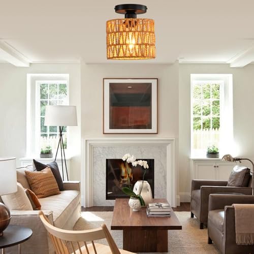 Hand-Woven Rattan Flush Mount Ceiling Light