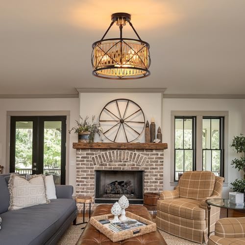 3-Light Hand-Woven Boho Rattan Ceiling Light
