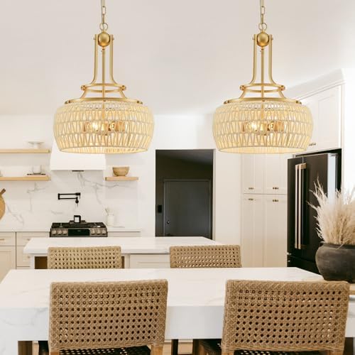 WUZUPS Gold Rattan Pendant Light 19.6 x 15.9 in