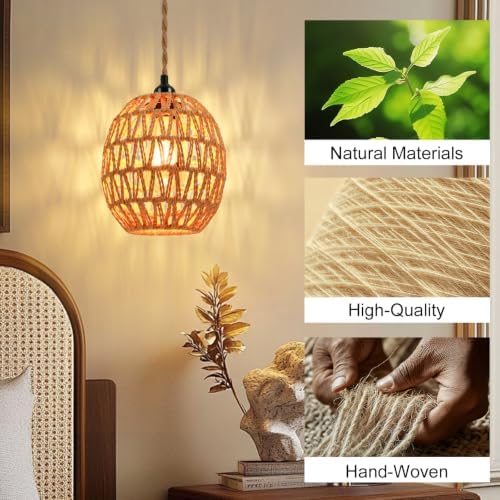 FRIDEKO HOME Rattan Plug-in Pendant Light, 15ft Cord