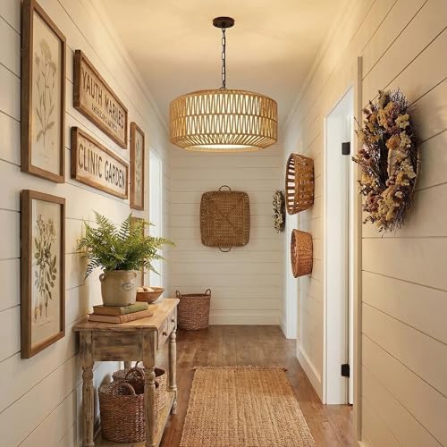 5-Light Rattan Farmhouse Chandelier, Height Adjustable 9"-52"