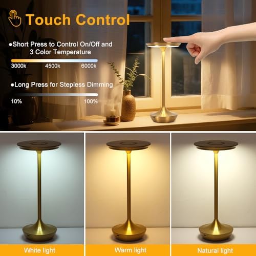 2 Pack LED Rechargeable Cordless Table Lamps, 6000mAh, Gold