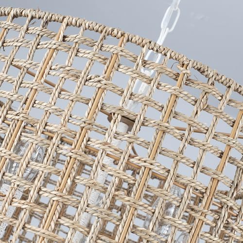 5-Light Brown and White Rattan Chandelier