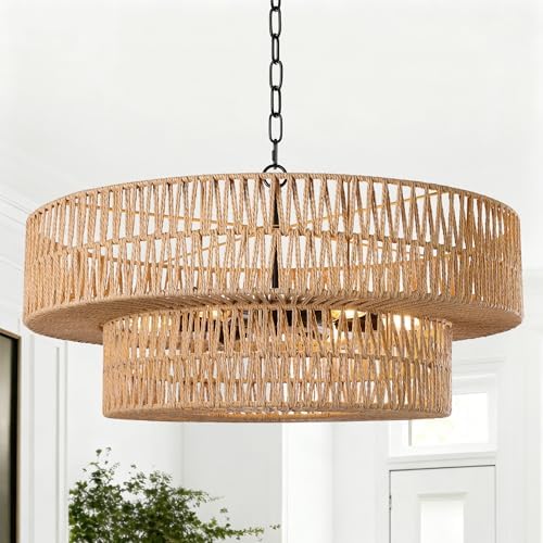 26 Inch Boho Rattan 6-Light Chandelier