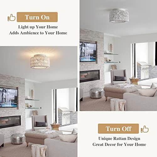 White 3-Light Rattan Flush Mount Ceiling Light