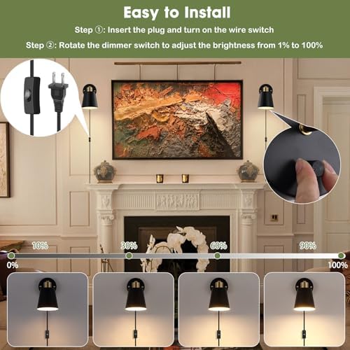 Lomoky Black Plug-in Wall Sconces, Set of 2