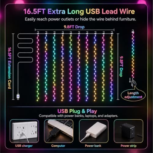 Fairy Curtain Light, 300LED 9.8x9.8ft, Remote & 8 Modes, USB
