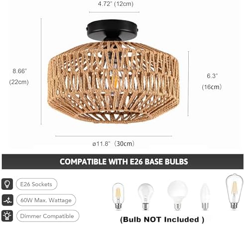 Rattan Boho 1-Light Flush Mount Ceiling Light